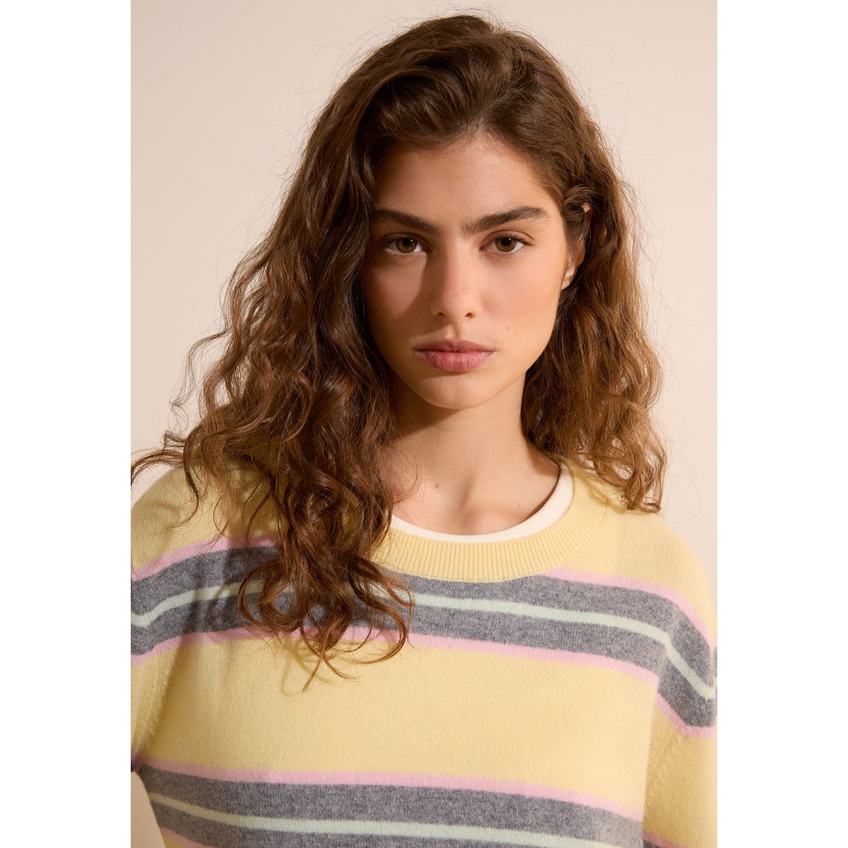 Pull col rond rayé 100% cachemire SIMONETTA RAYE jaune pale, ETAM