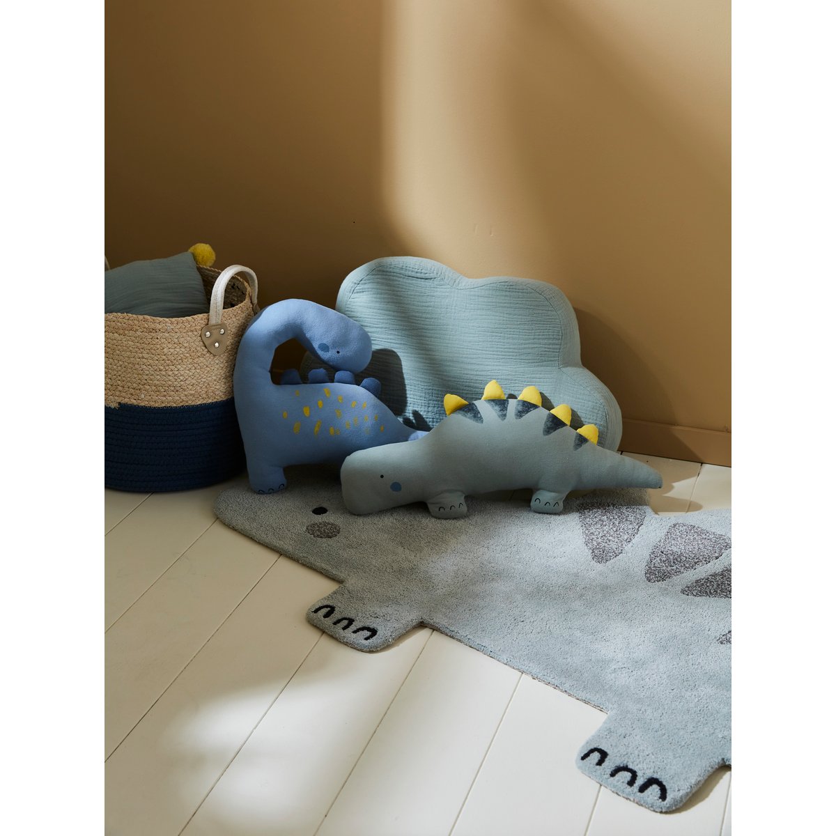 Lot 2 coussins PETIT DINO bleu / kaki, VERTBAUDET