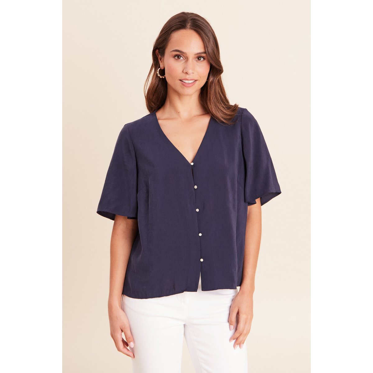 Blouse ample col v manches courtes bleu marine, BREAL