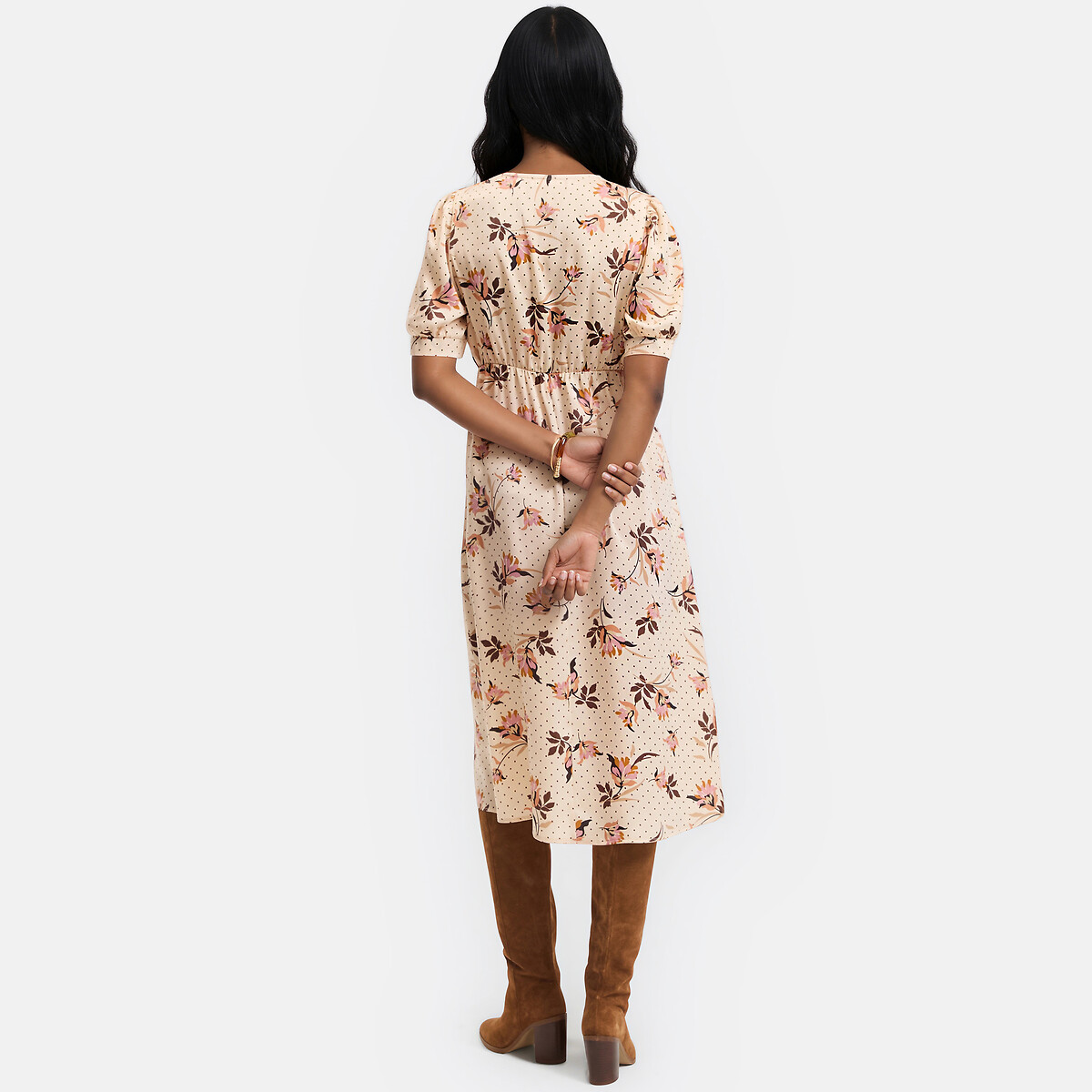 Robe midi col V, imprimé floral, manches courtes imprimé fleur rose, LA REDOUTE COLLECTIONS