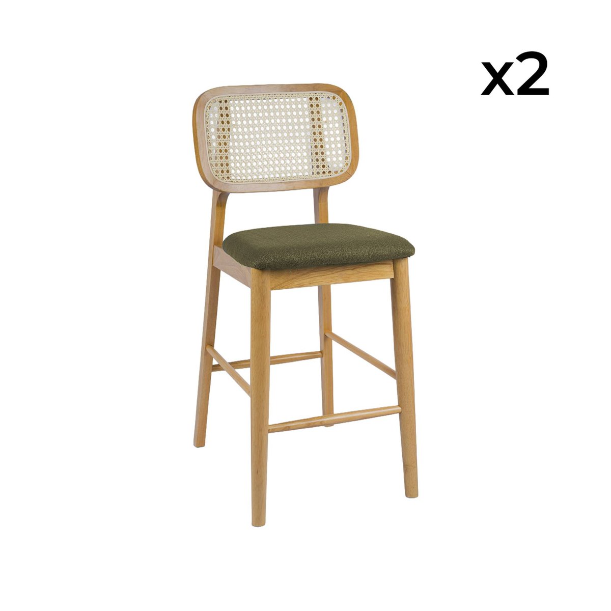 Tabouret de bar bois d'hévéa cannage et tissu 66,5cm (lot de 2) MANI naturel, SWEEEK