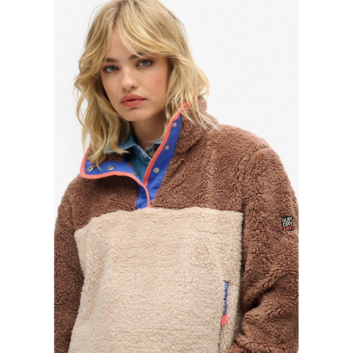 Grandad Collar Sweatshirt with Press Stud Fastening beige/brown, SUPERDRY