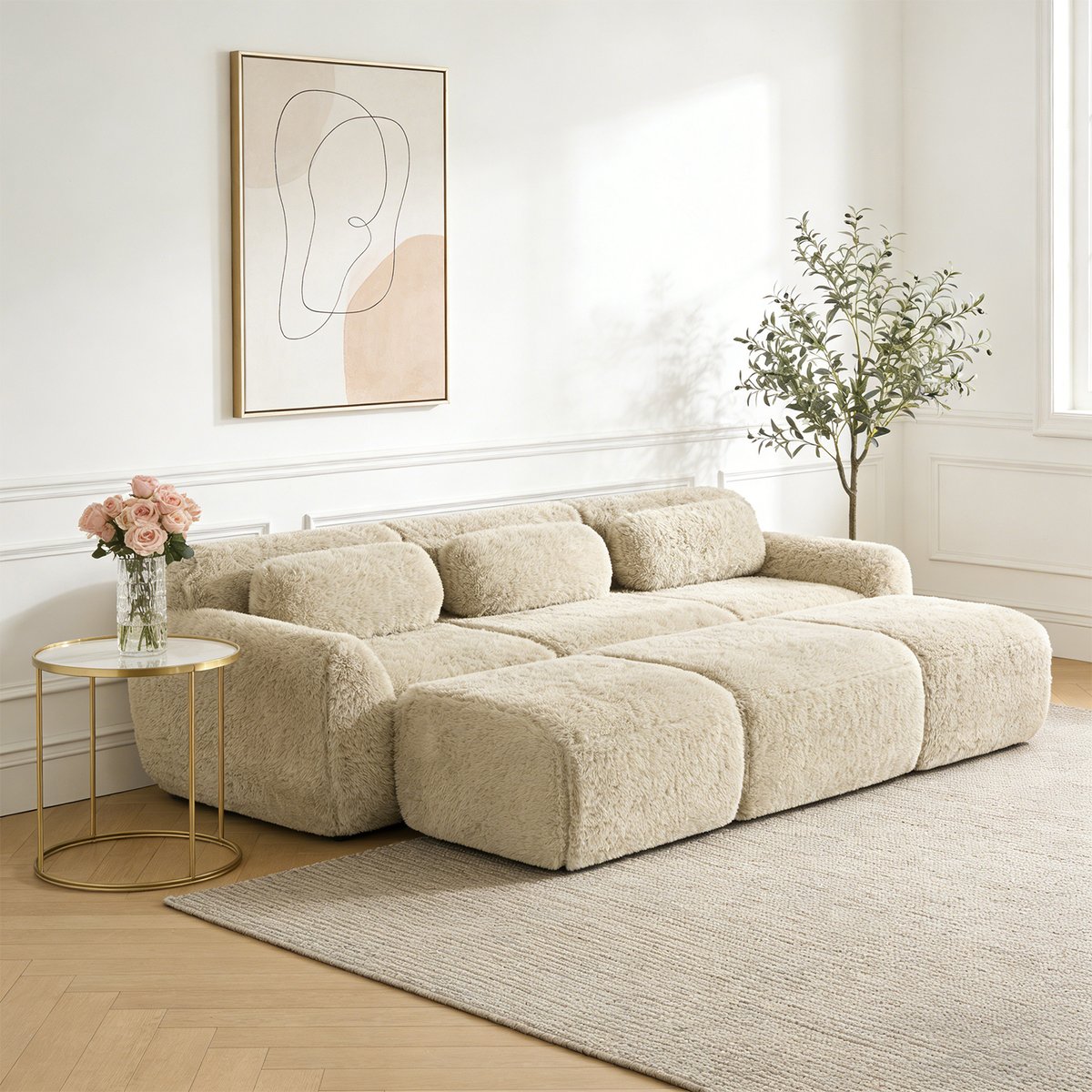 Canapé d'angle réversible 3 places avec 3 poufs, WIND kaki, MEUBLES COSY