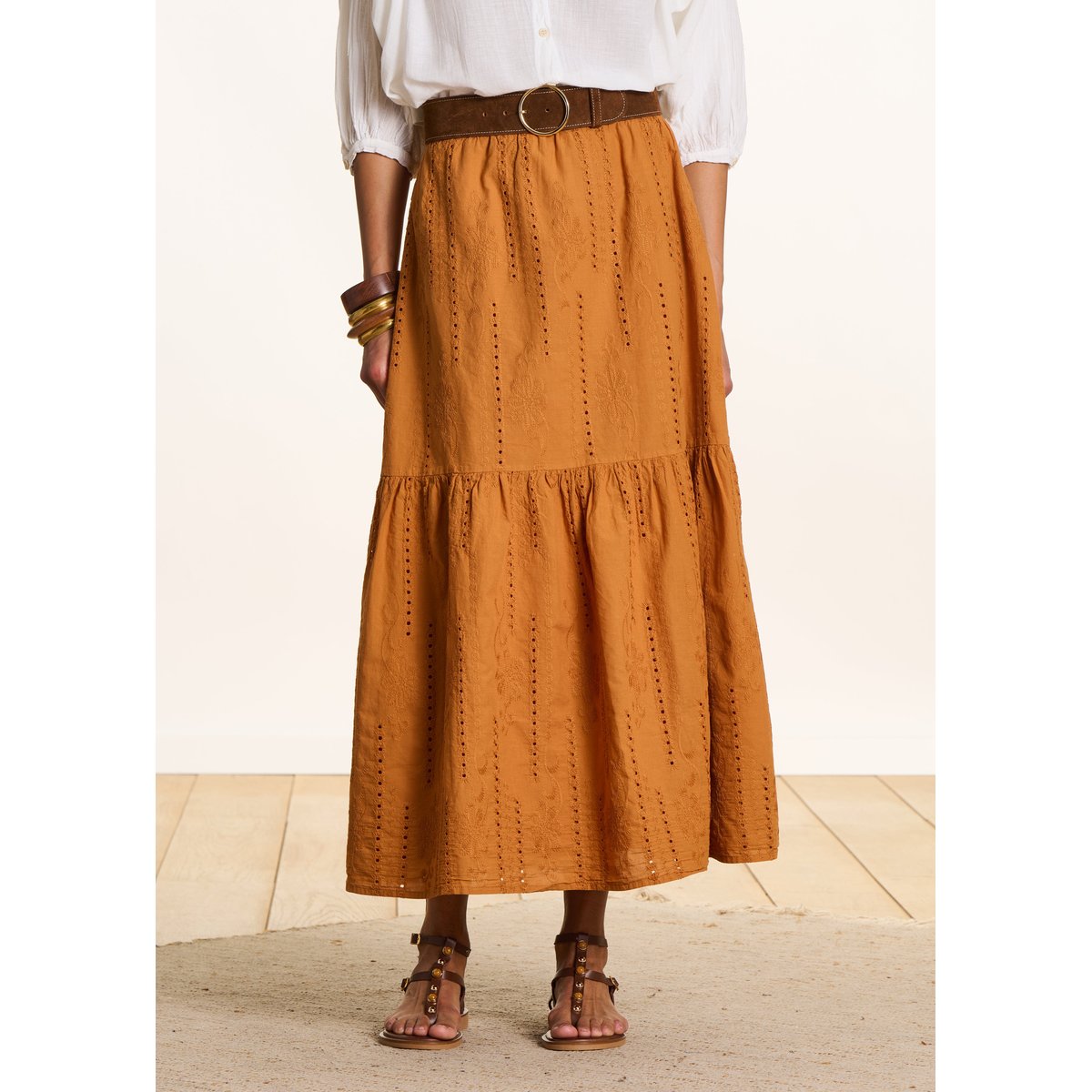 Jupe longue à volants en broderie anglaise tandoori, LA FEE MARABOUTEE
