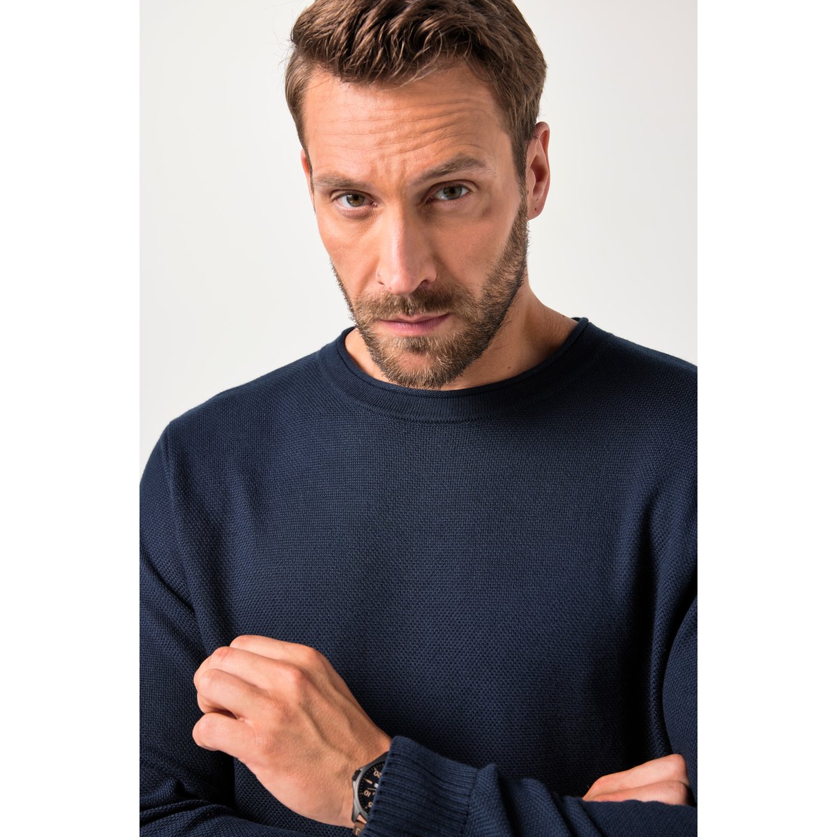 Pull en matériaux recyclés, maille texturée bleu marine, JP1880