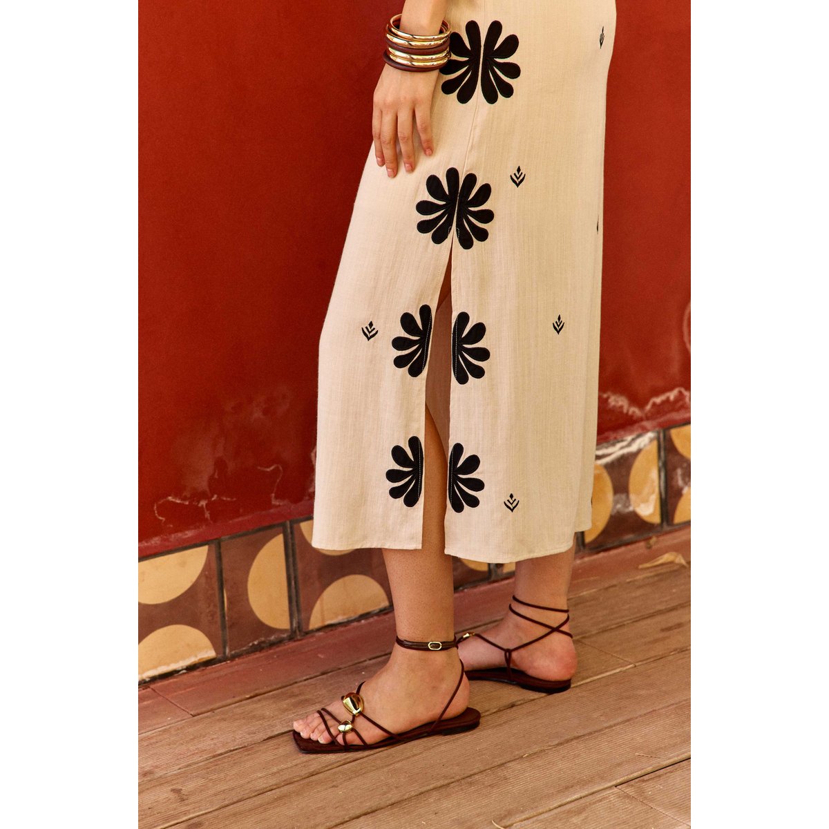 Robe longueur midi droite imprimé ethnique ROY 13-beige/noir, LA PETITE ETOILE