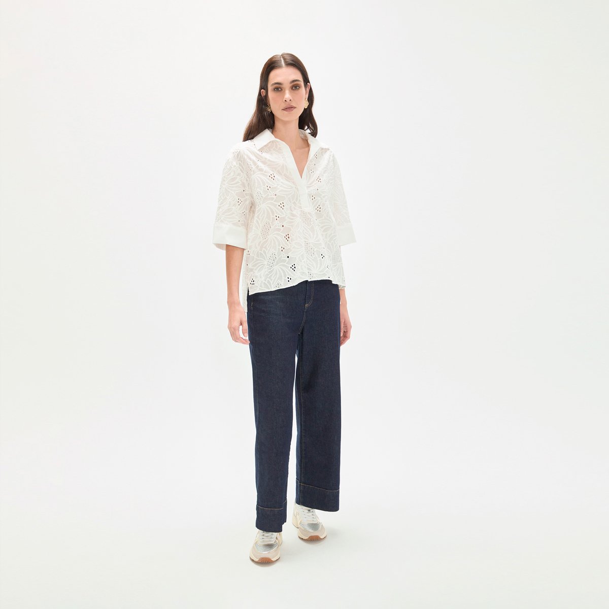 Blouse en broderie anglaise à manches courtes blanc, LOLA CASADEMUNT