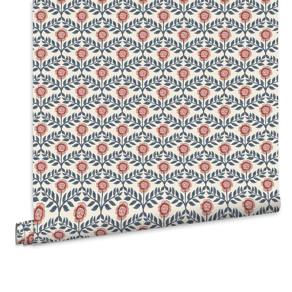 Papier peint Guirlandes fleuries bleu, rose, ocre, JOULES