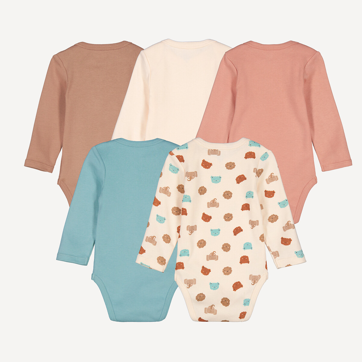 Lot de 5 bodies emmanchures américaines manches longues, en coton, motif anmaux assortis, LA REDOUTE COLLECTIONS