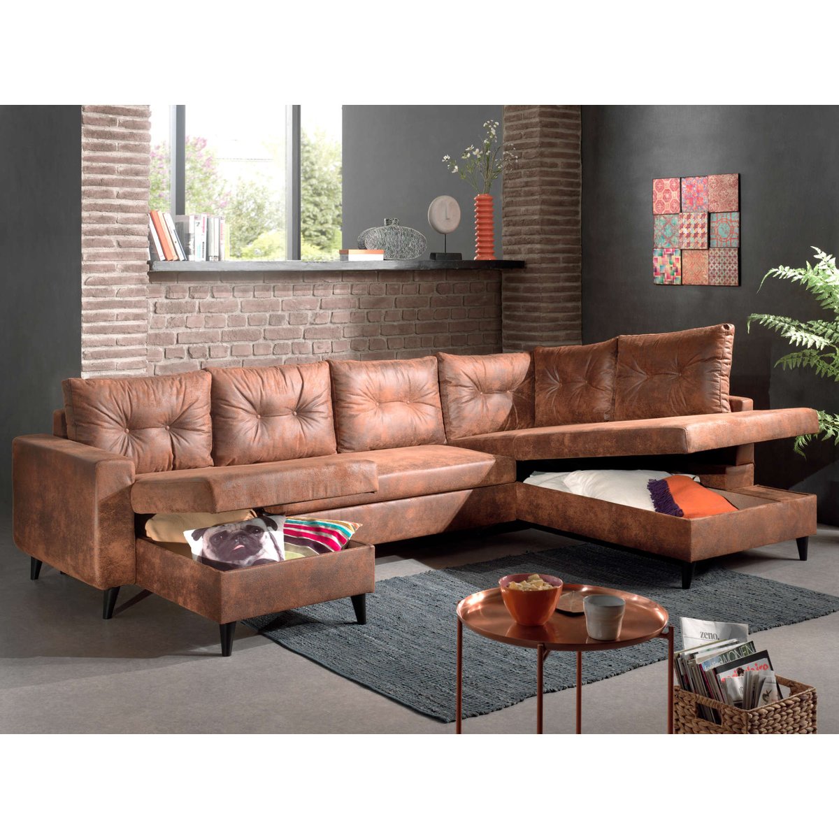 Canapé Panoramique 7 places - NORDIC marron, BEST MOBILIER
