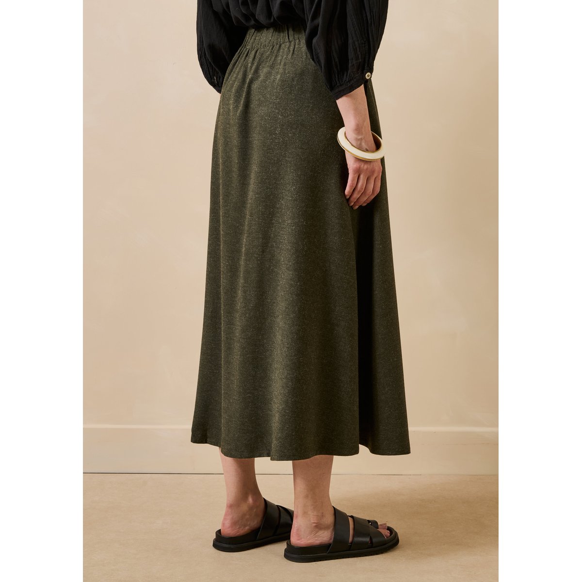 Jupe longue en flanelle taille élastiquée kaki, LA FEE MARABOUTEE