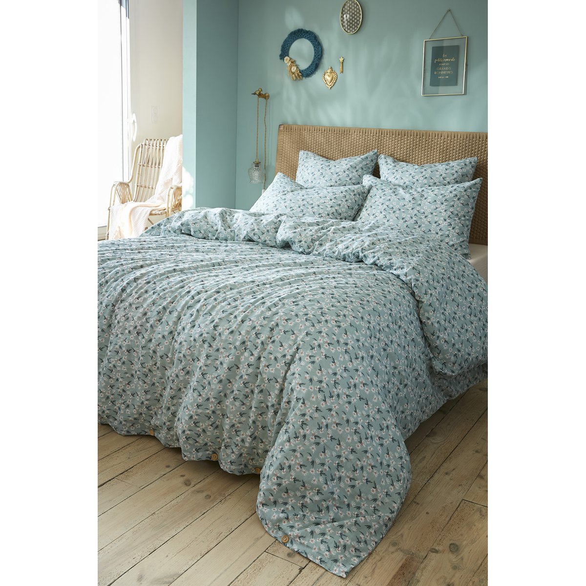 Housse de couette Gaze Coton Marguerite bleu, EDEN