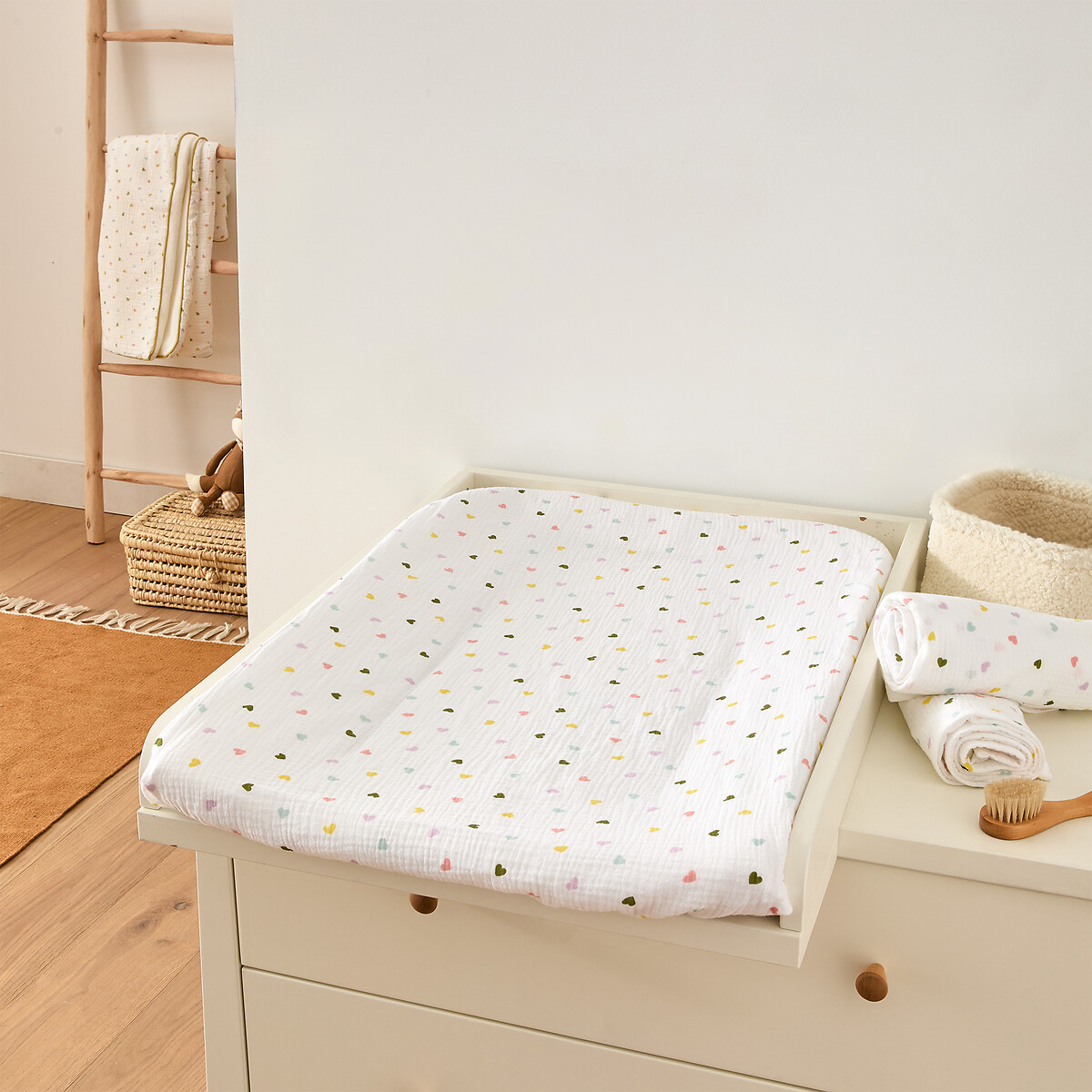 Lot de 2 housses de matelas à langer, en gaze de coton, SCACCO imprimé coeurs, LA REDOUTE INTERIEURS