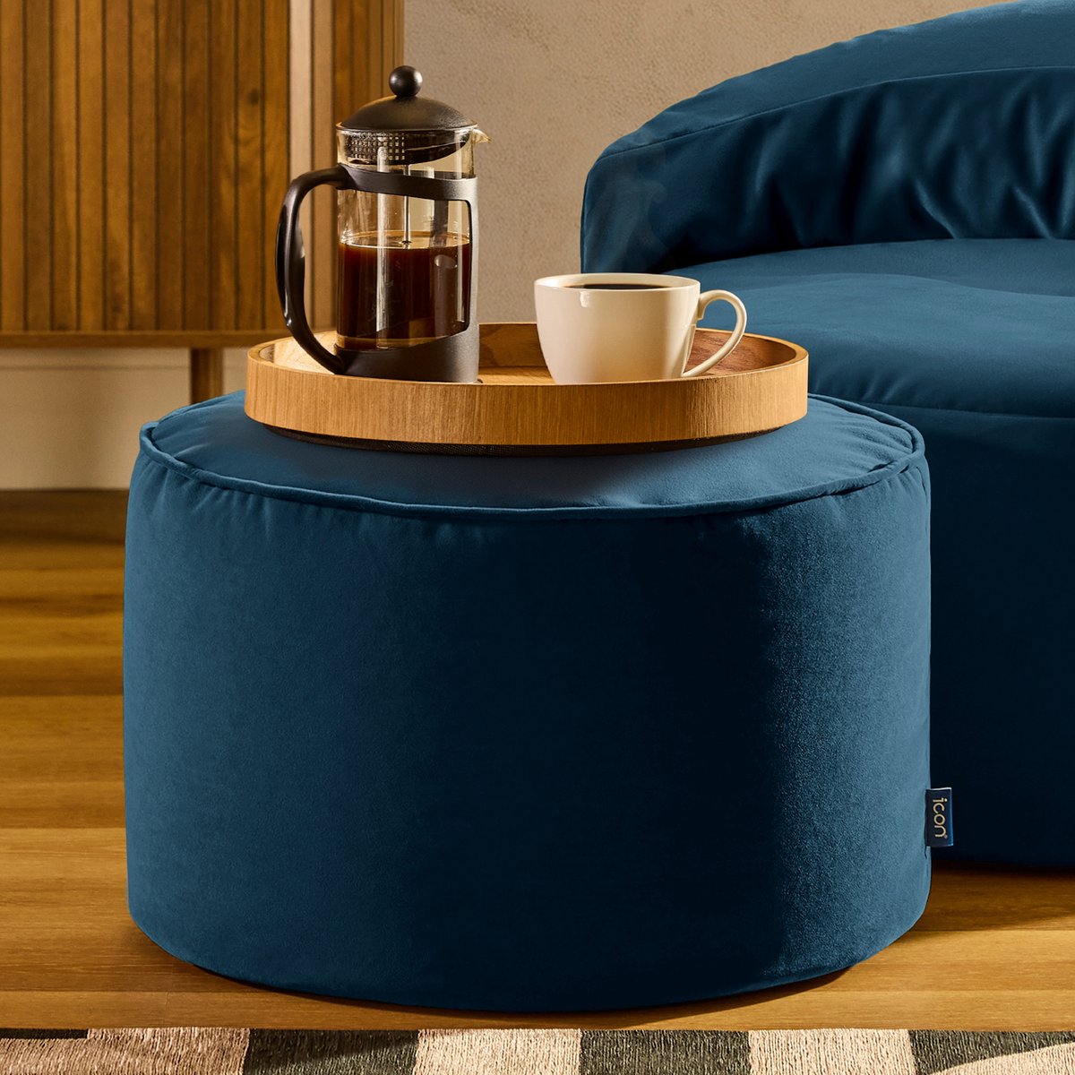 Pouf repose-pieds rond en velours mat Oeko-Tex® - MILANO bleu marine, ICON