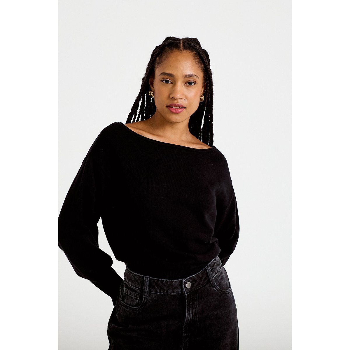 Pull oversize col bateau manches longues noir, CACHE CACHE