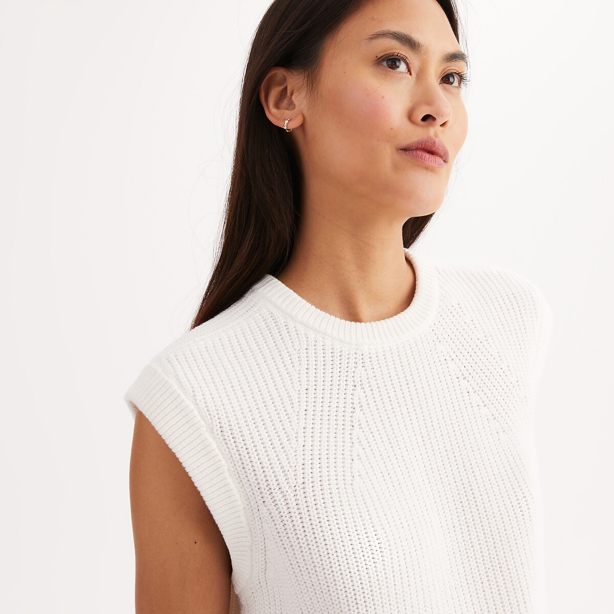 Maglione senza maniche con scollo rotondo in maglia grossa a costine puro cotone ecru , ANNE WEYBURN