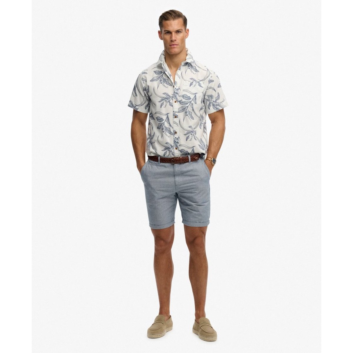 Chemise à manches courtes Vintage Loom feuilles de canna bleu chine, SUPERDRY