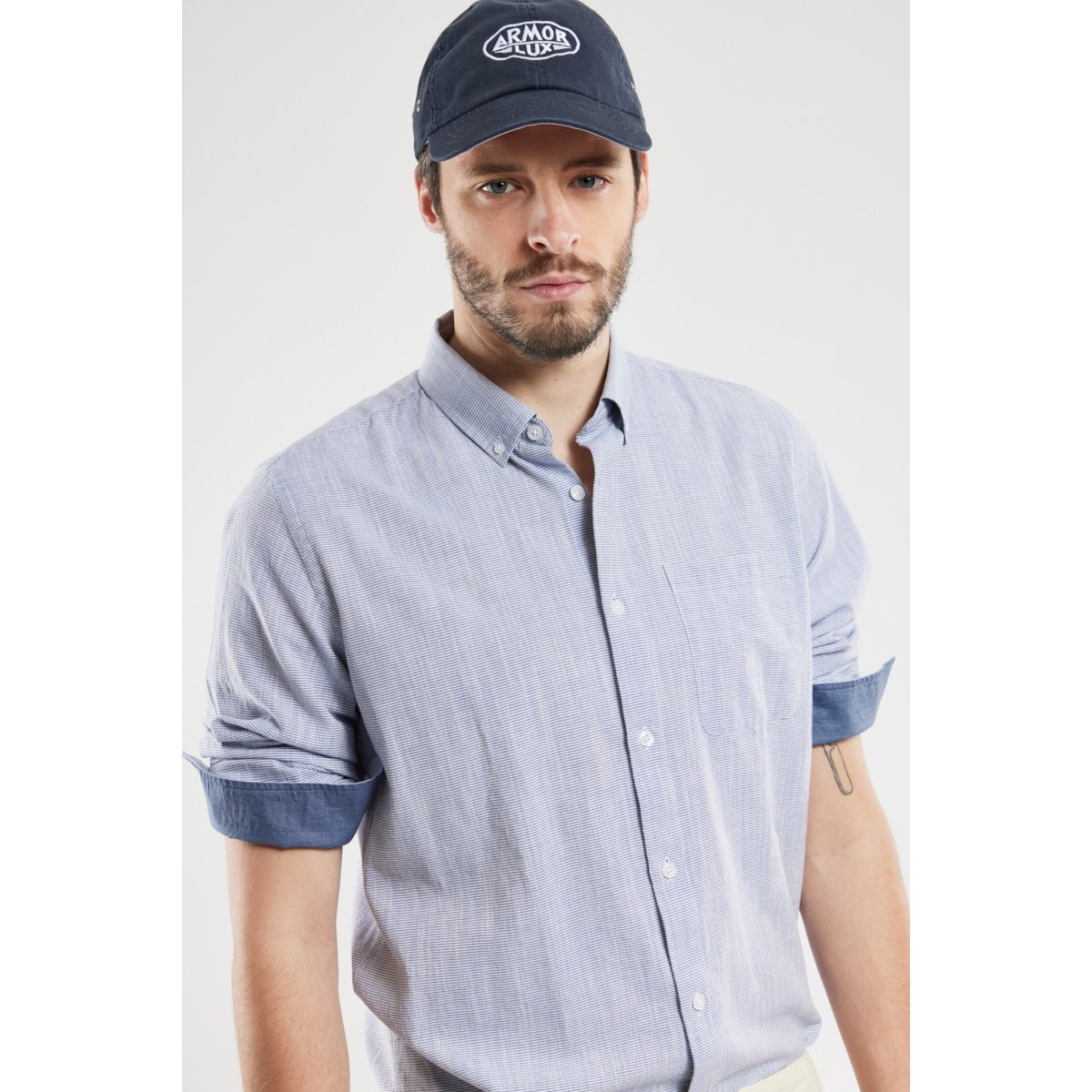 Chemise fines rayures en coton milleraie marine/milk, ARMOR-LUX
