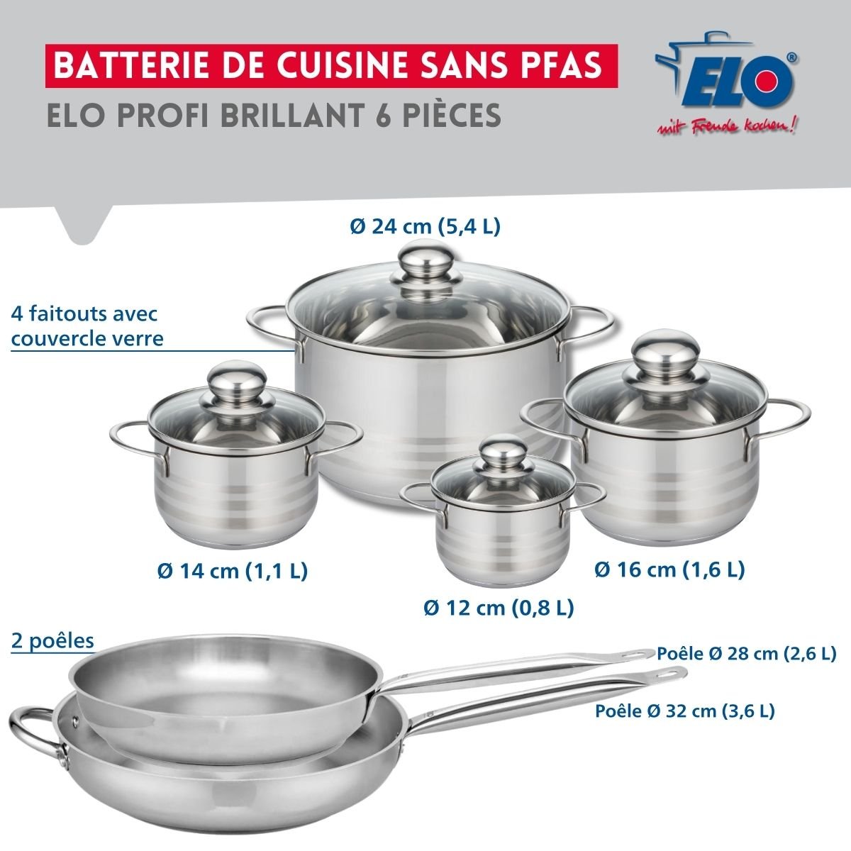 2 poêles 28/32cm + 4 faitouts 12/14/16/24cm PROFI BRILLANT inox, ELO