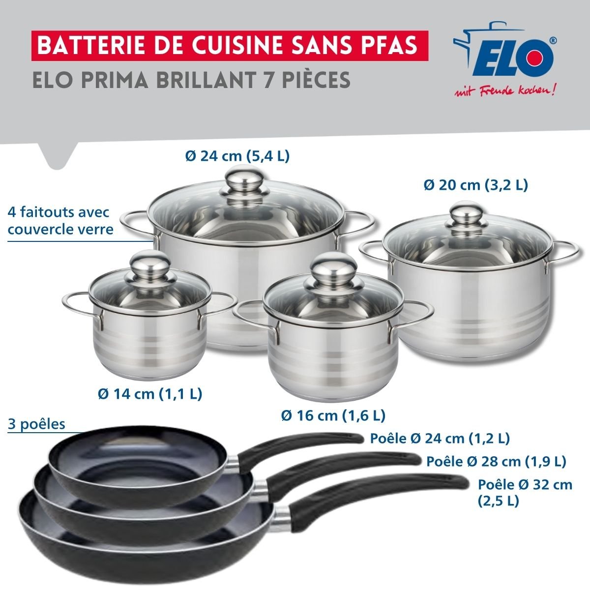 3 poêles 24/28/32cm + 4 faitouts 14/16/20/24cm PRIMA BRILLANT noir, ELO