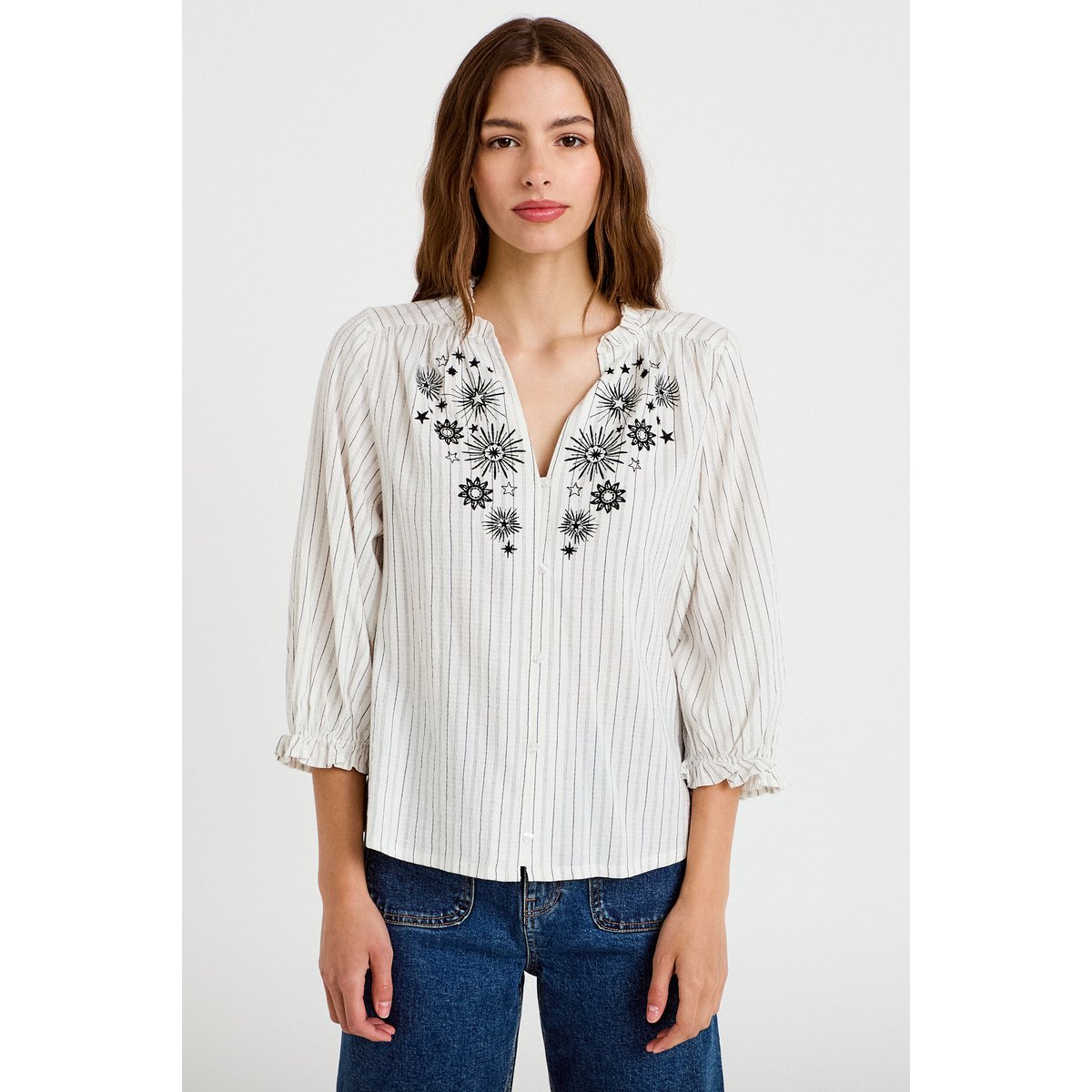 Blouse ample broderie manches 3/4 blanc, CACHE CACHE