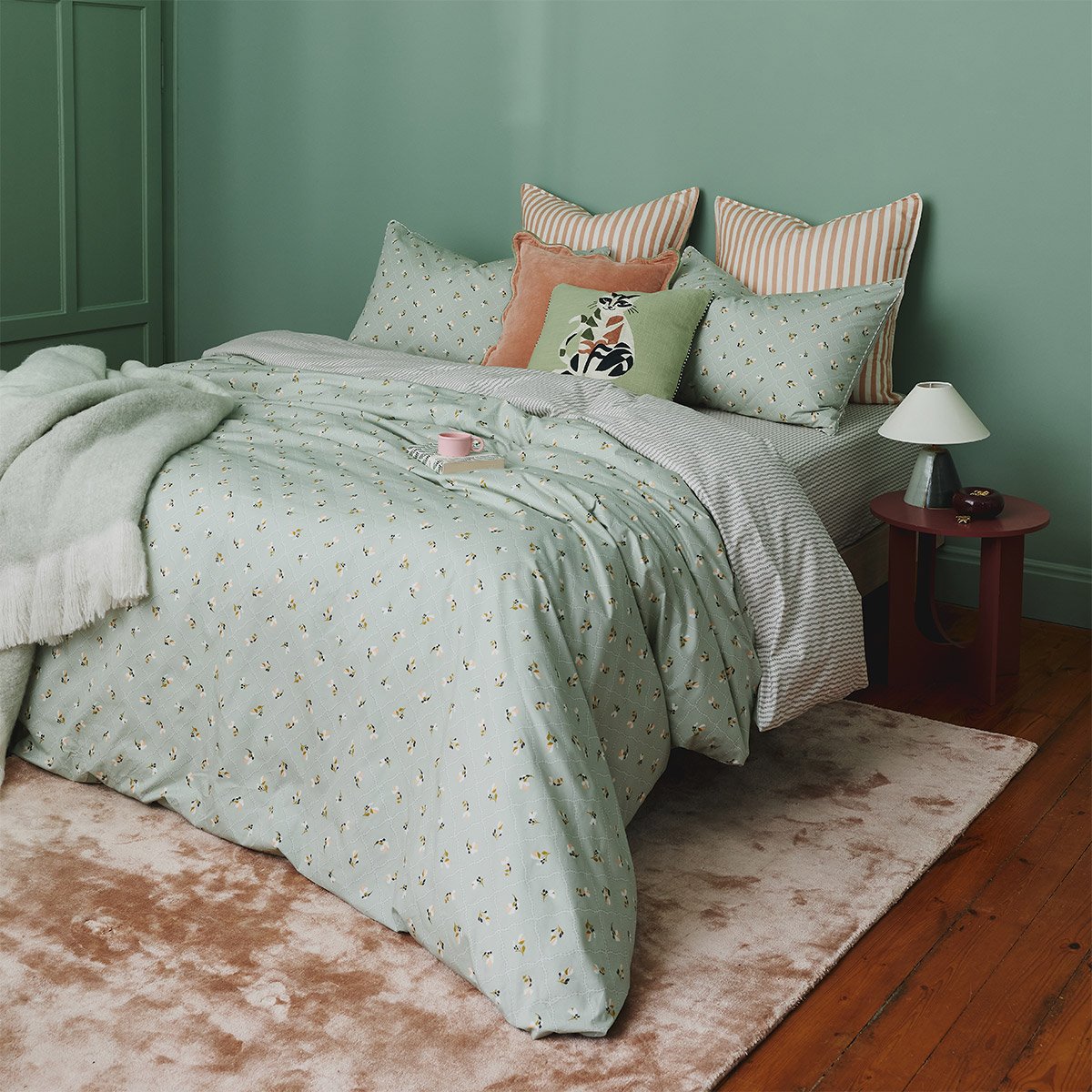 Drap plat en percale de coton vert, BERGAMOTE a motif, DESFORGES