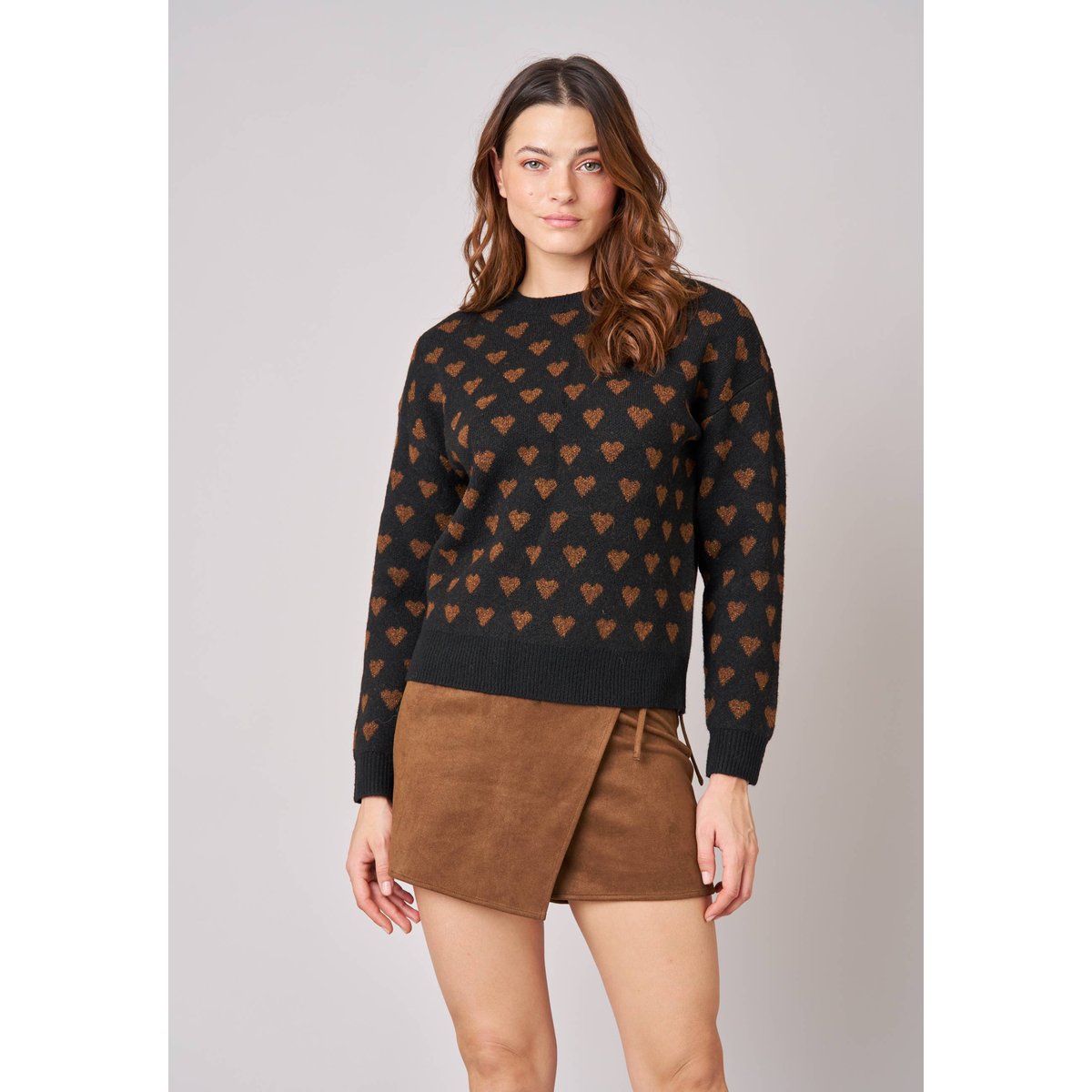 Pull femme motif cœurs en maille douce CLEMY black, DEELUXE