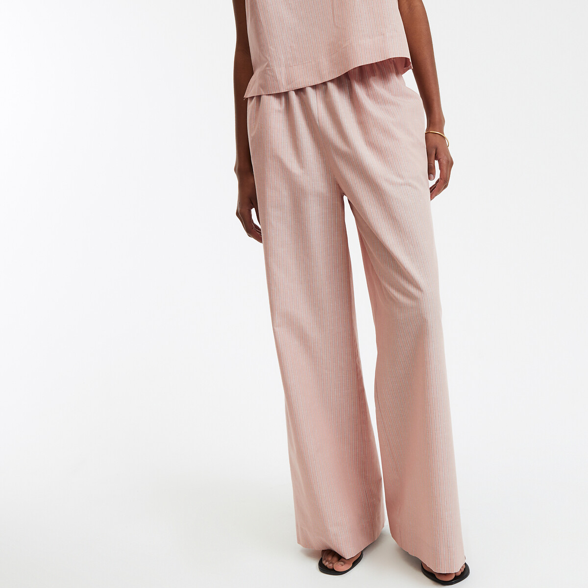 Pantalon rayé large, en coton et lin rayé rose, LA REDOUTE COLLECTIONS
