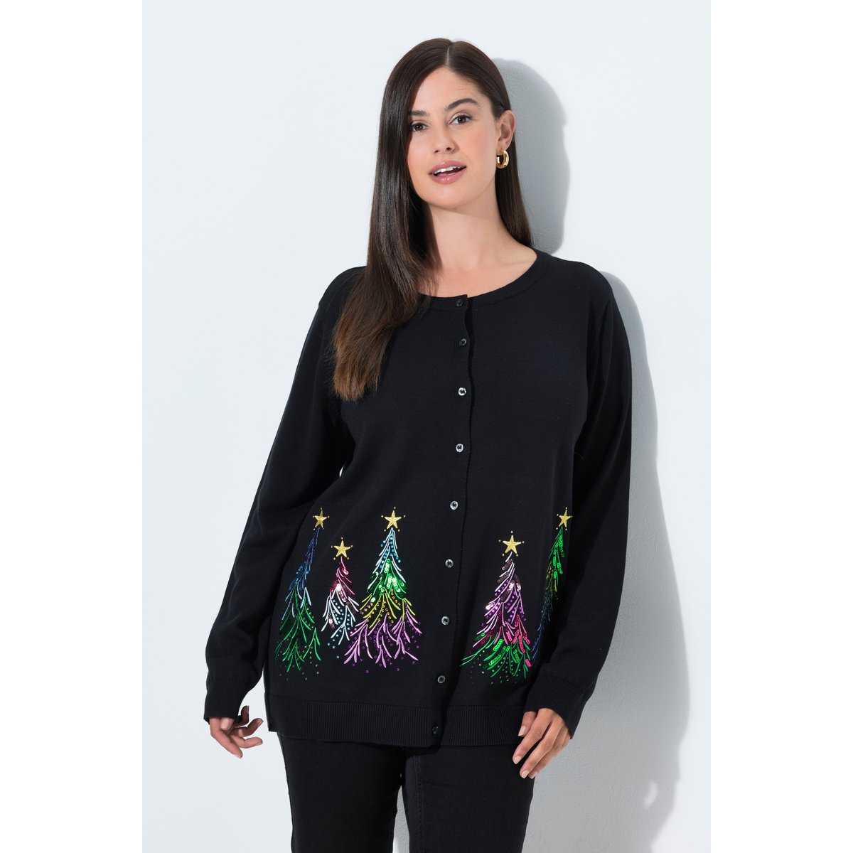 Cardigan de Noël, sapins brodés noir, ULLA POPKEN