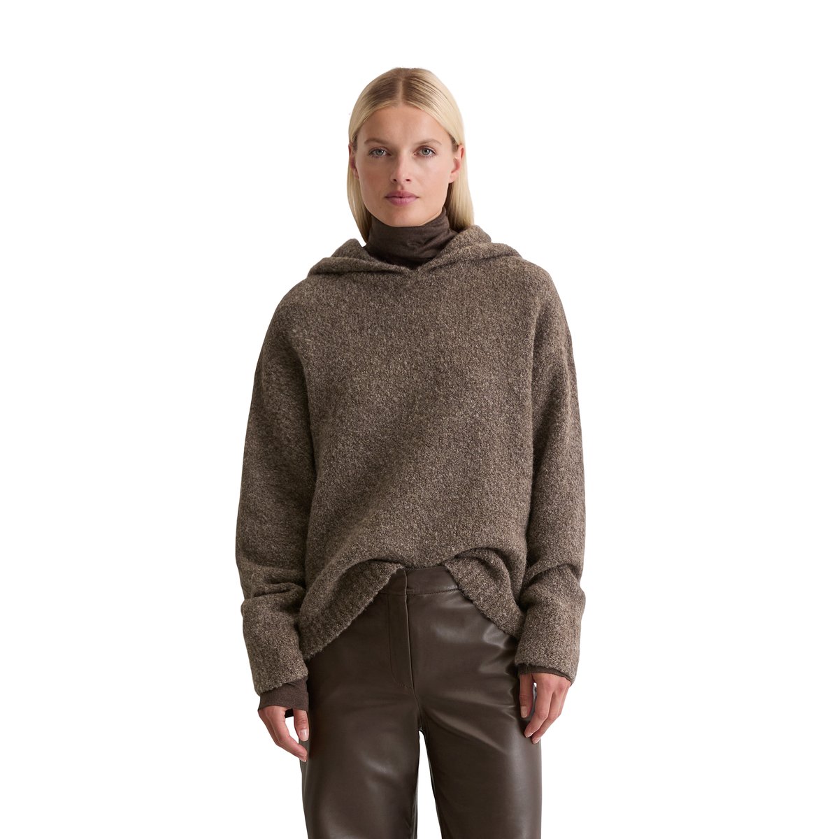 Hoodie en bouclette loose en mélange de laine vierge et de laine d'alpaga brun foncé, MARC O'POLO