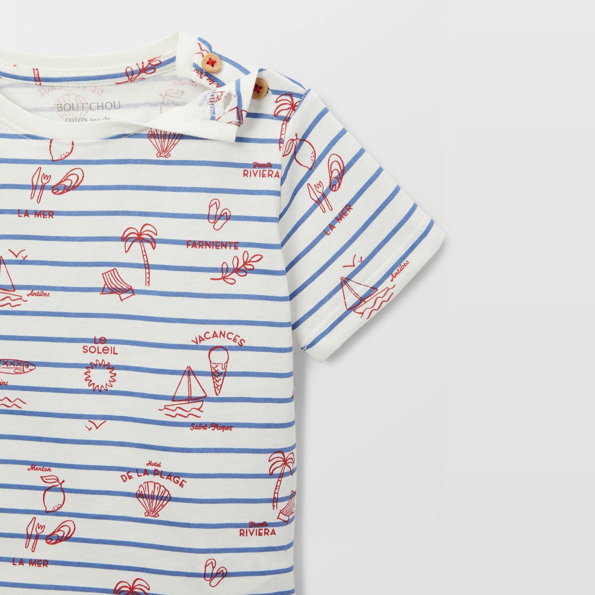 T-shirt manches courtes rayé et imprimé en coton BIO GOTS ecru, BOUT'CHOU