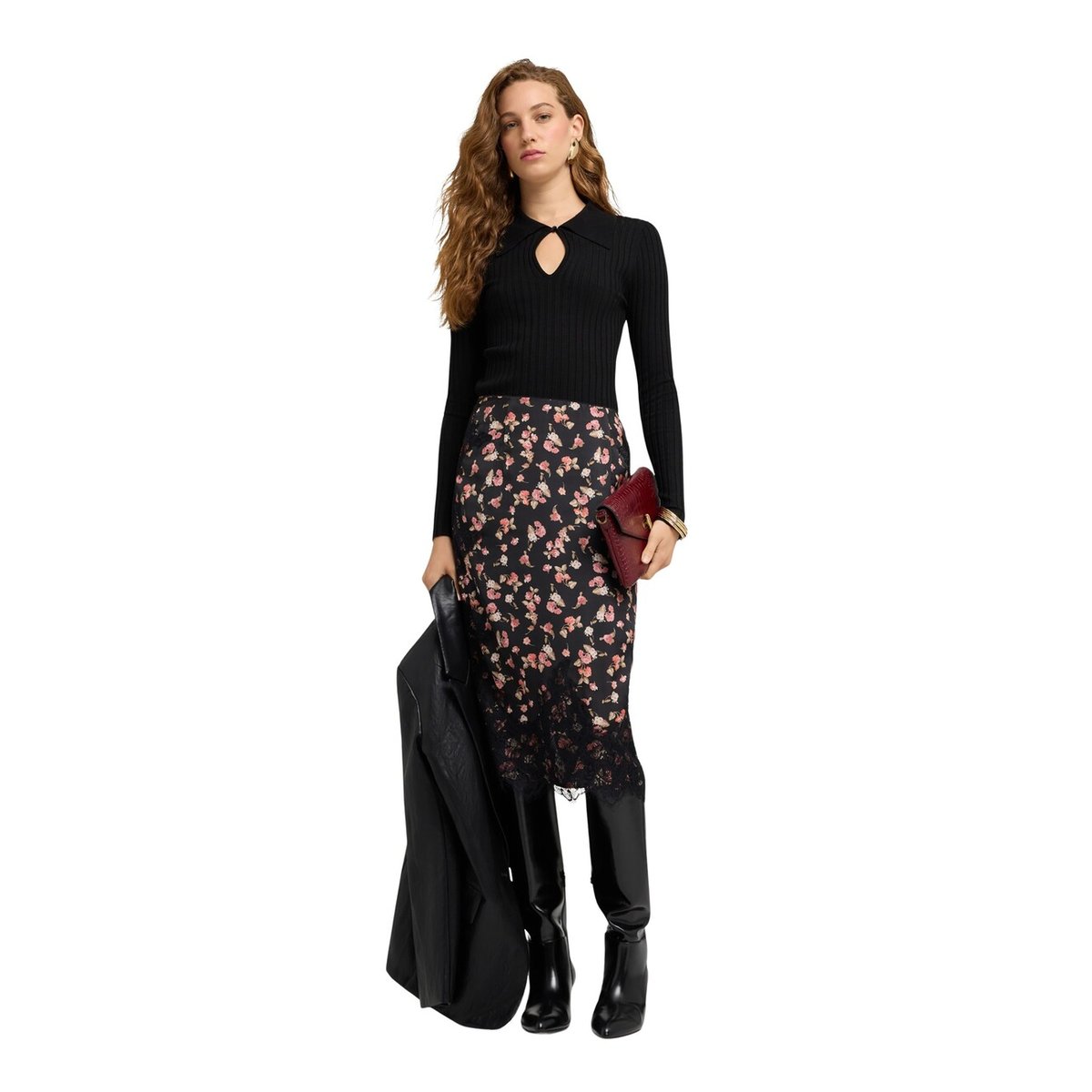 Jupe crayon avec imprimé floral et dentelle noir, MOTIVI