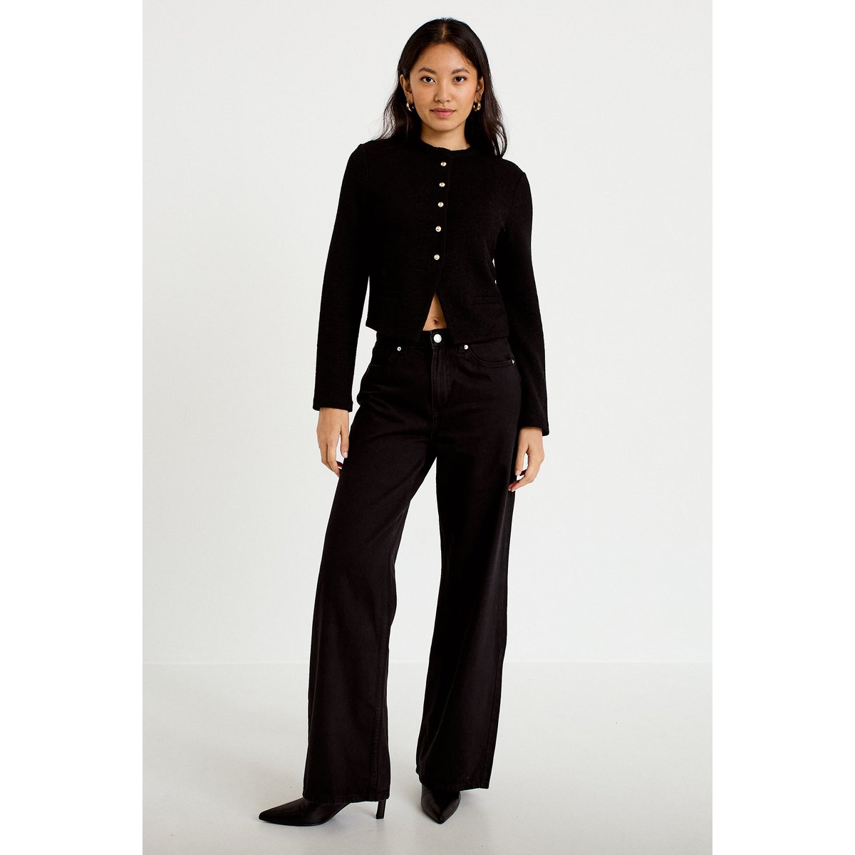 Jeans wide leg taille haute denim noir, CACHE CACHE