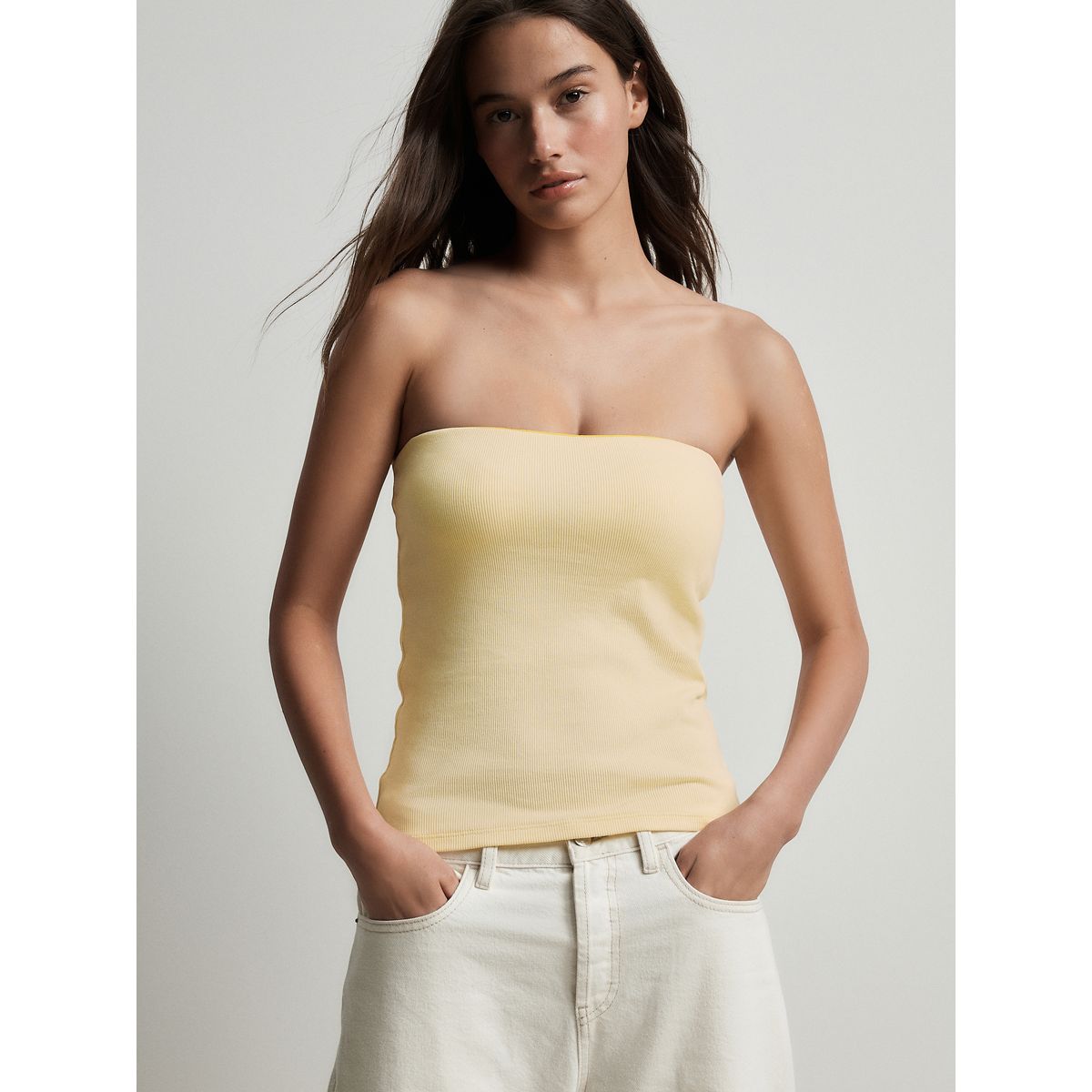 Top bandeau coton côtelé soutien intégré vert/jaune, NEXT