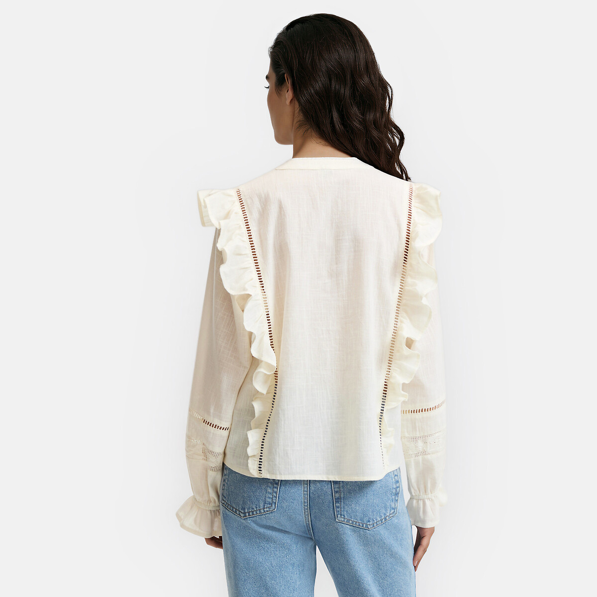 Camisa de cuello redondo, con bordados y volantes blanco, LA REDOUTE COLLECTIONS