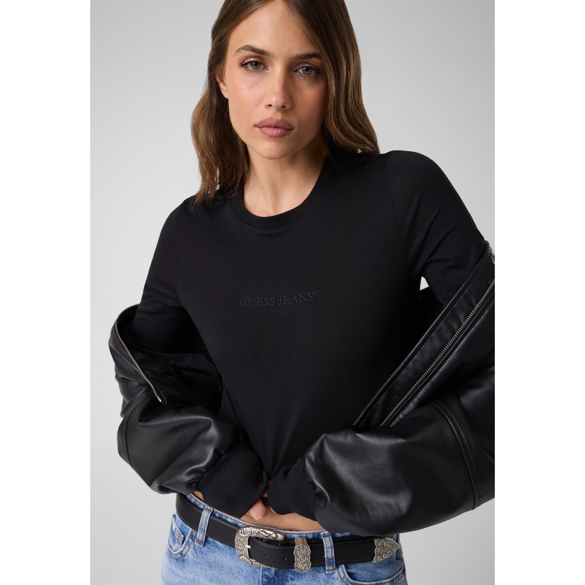 T-Shirt Slim Manches Longues Brodé noir, GUESS