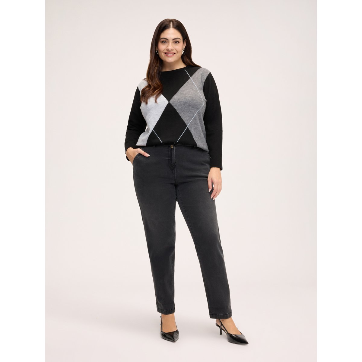 Pull col rond à motif argyle gris, FIORELLA RUBINO