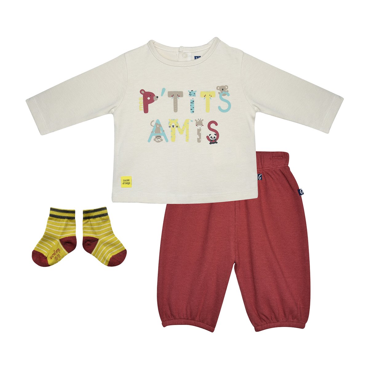 Tshirt pantalon chaussettes nils maille manches longues naissance beige, SUCRE D'ORGE