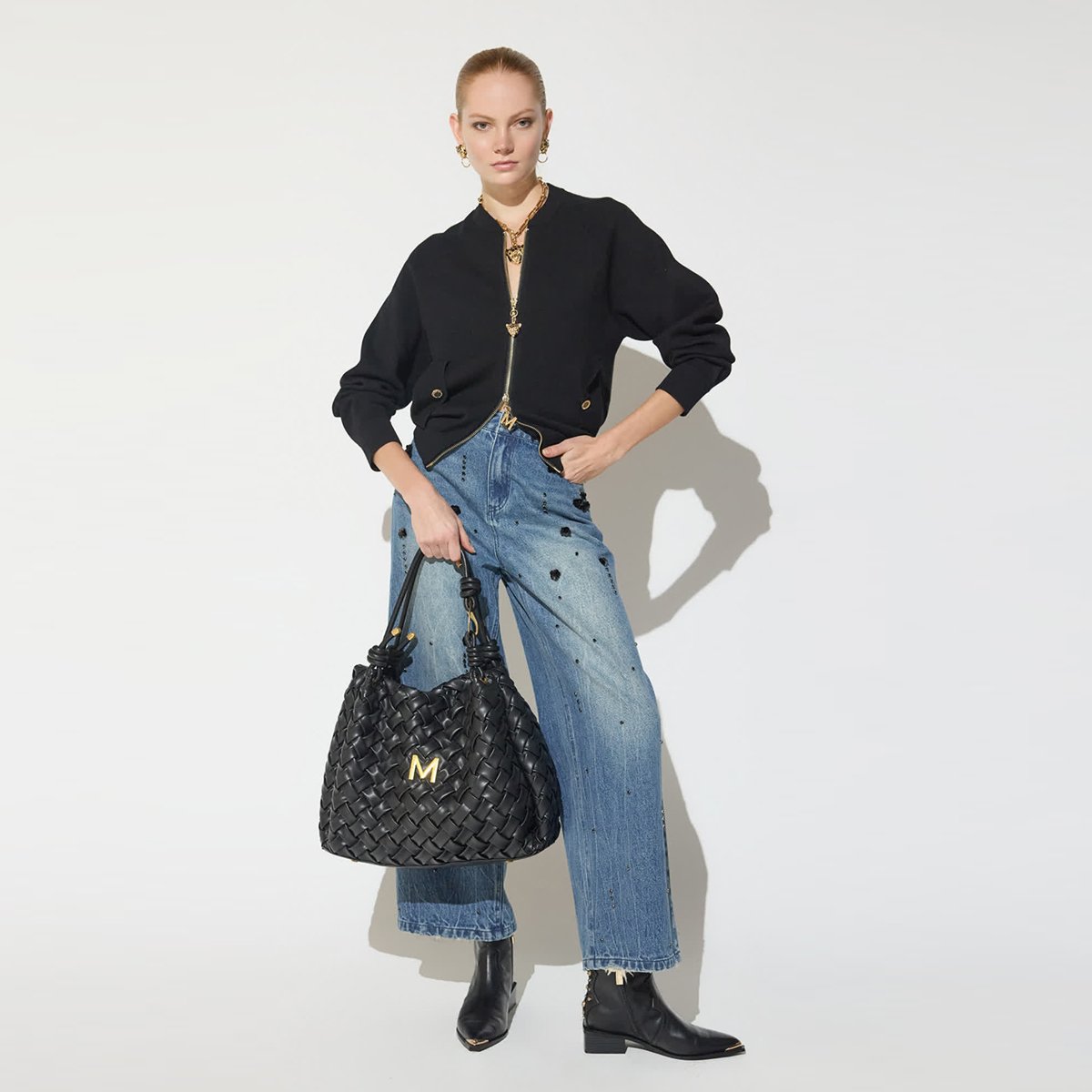 Jeans droit à strass et strass fleuri denim, LOLA CASADEMUNT