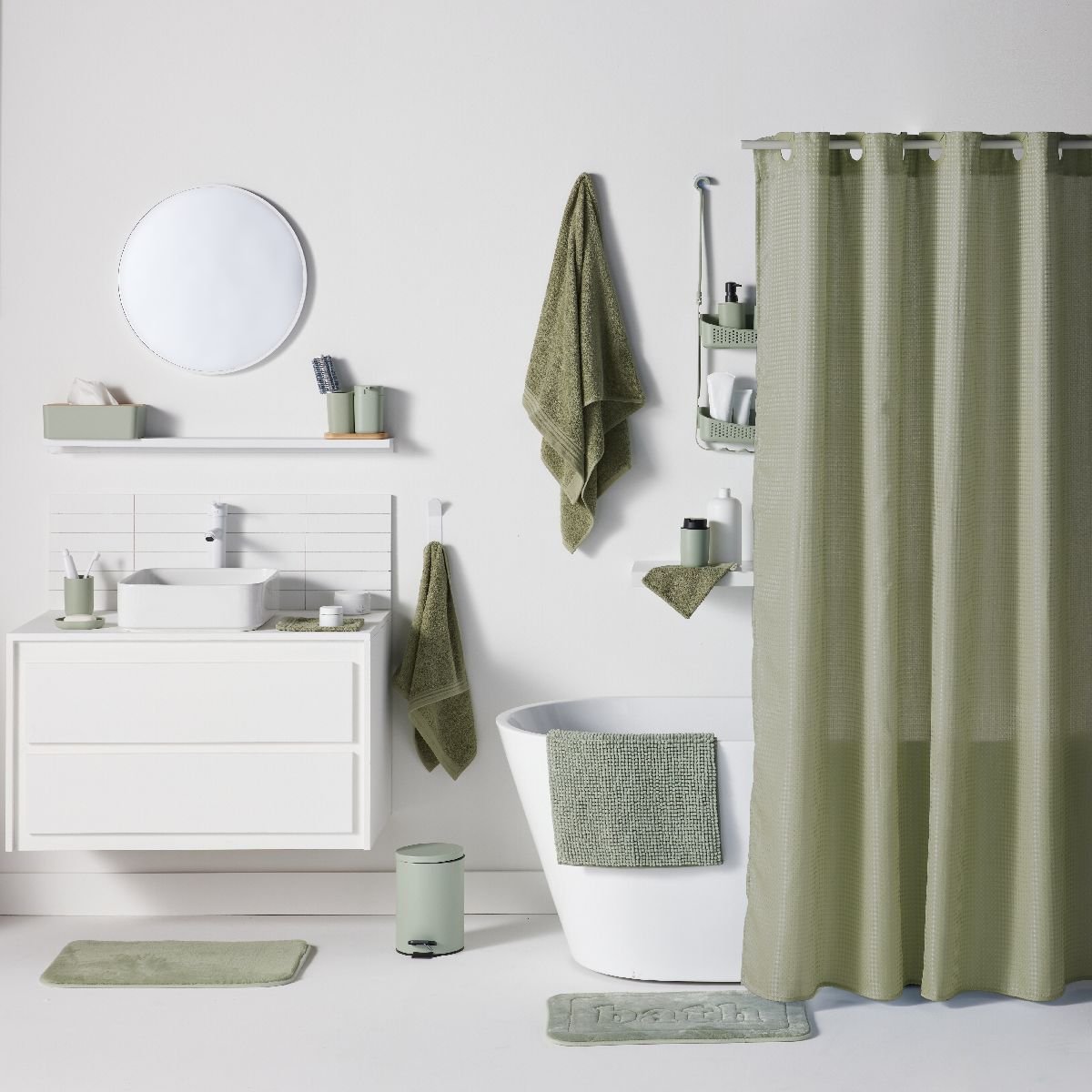 Set de douche 3 accessoires rideau tapis panier BATHROOM vert, UTILITY