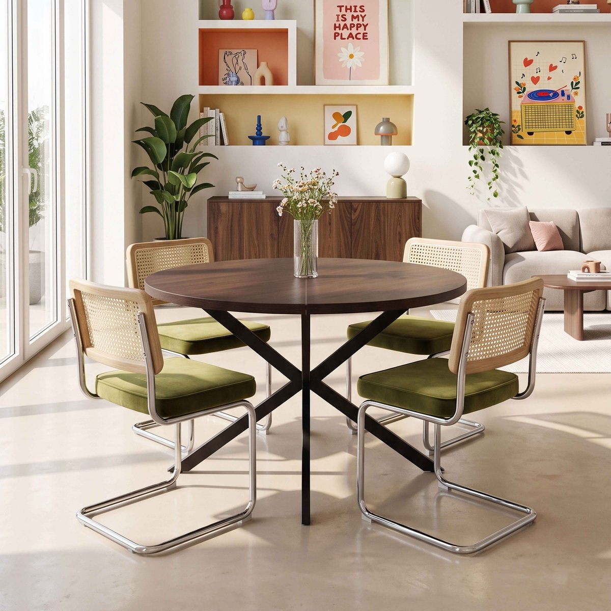 Table à manger extensible ronde en métal et effet bois 6 à 8 personnes, MARCIA marron, OVIALA