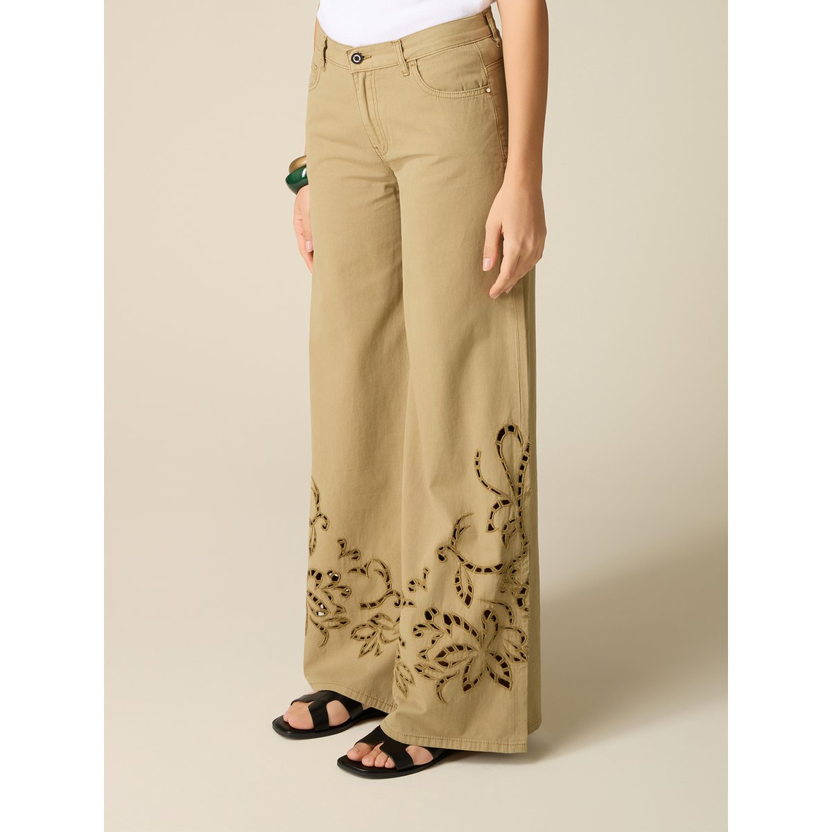 Pantalon palazzo avec broderies see-through verde militare, OLTRE