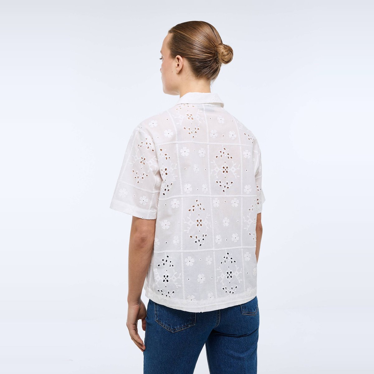 Chemise manches courtes brodée blanc, MONOPRIX