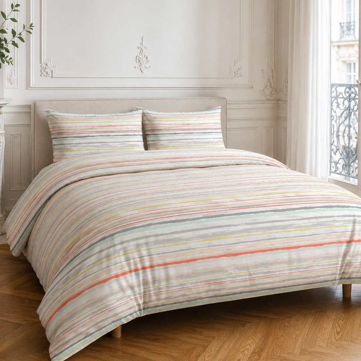 Parure housse de couette en cotonrayures muticolore, PAINTERLY STRIPE multicolore, C DESIGN HOME TEXTILE