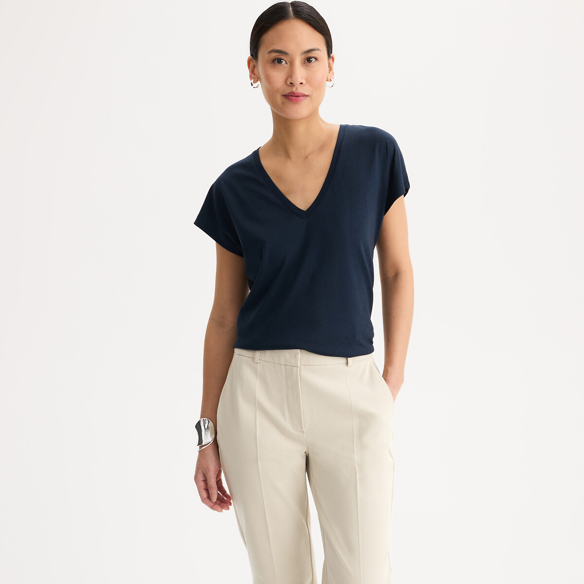 T-shirt col V, manches courtes bleu marine, ANNE WEYBURN
