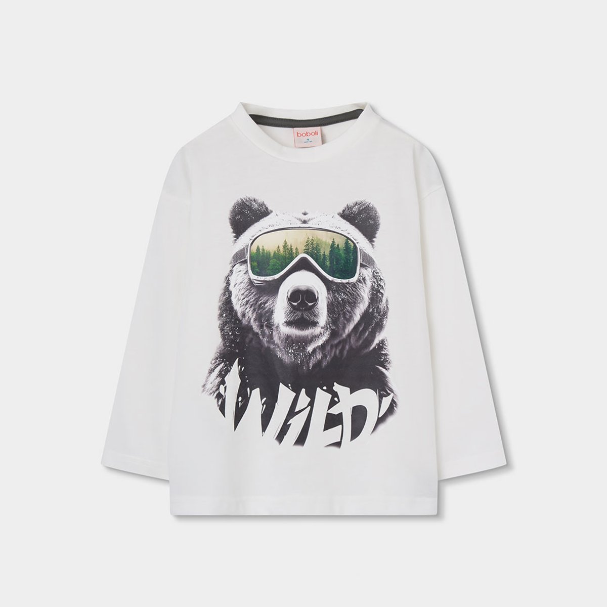 T-shirt garçon en maille imprimé ours blanc, BOBOLI