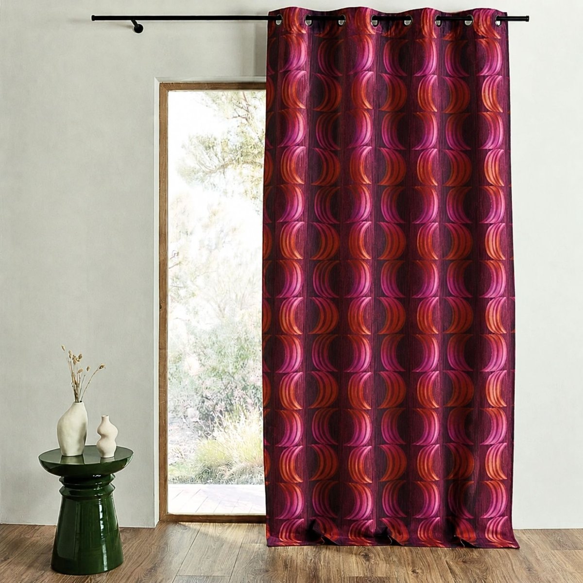 Rideau tamisant jacquard motifs de croissants de lune bordeaux, HOME MAISON