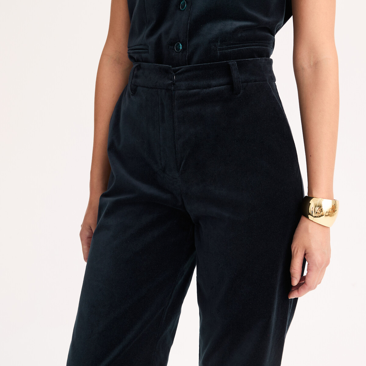 Pantalon large en velours lisse bleu marine, ANNE WEYBURN
