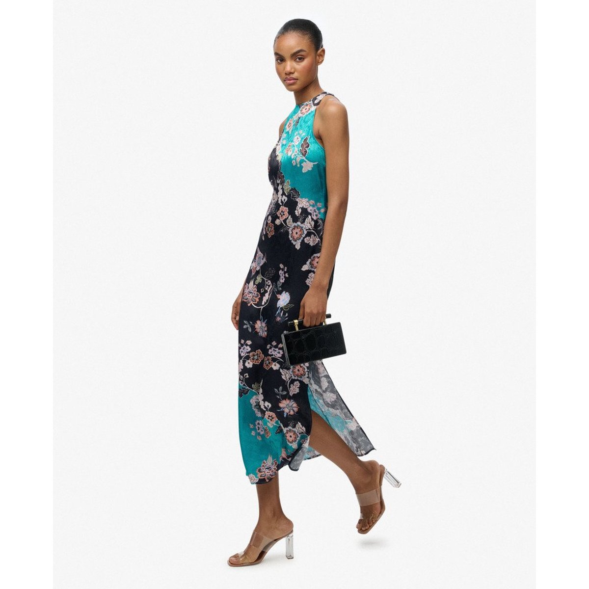 Robe longue en jacquard Racer bleu sarcelle à fleurs eriko, SUPERDRY