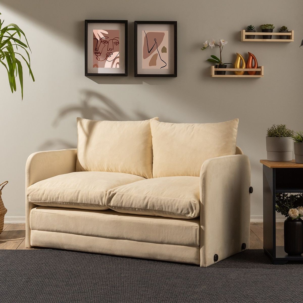 Canapé convertible 2 places en tissu - LUZ beige, HOMIFAB